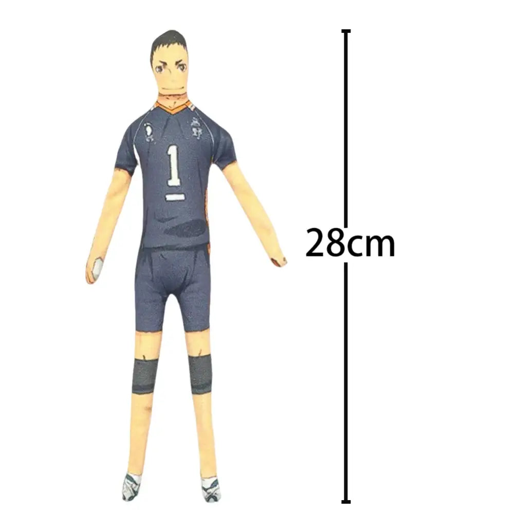 28cm tall soft plush toy of haikyuu tobio kageyama in dark blue jersey number 1 with matching shorts and knee pads