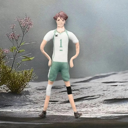 Detailed embroidered tobio kageyama plush doll in white and green uniform with number one and knee braces