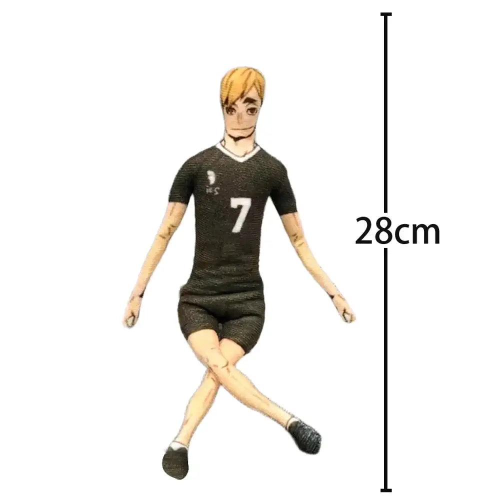 A 28cm tall tobio kageyama anime volleyball player figurine with blonde hair wearing a black number 7 jersey and shorts