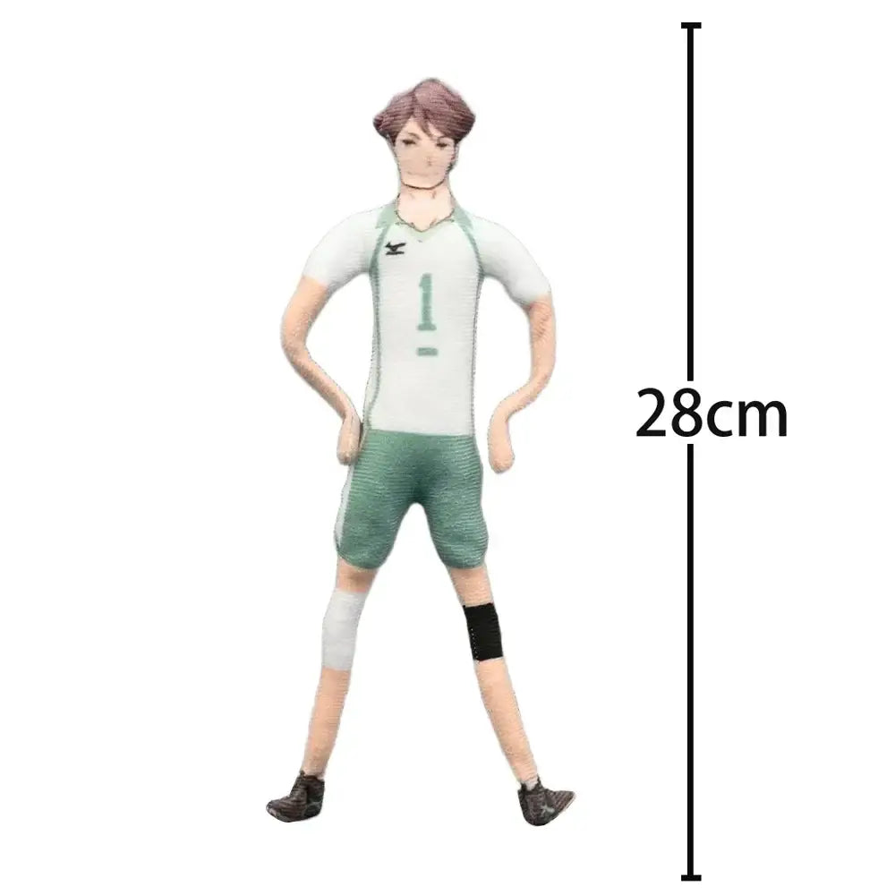 28cm tall tobio kageyama figurine in white and green uniform with black knee pads from haikyuu soft plush toy