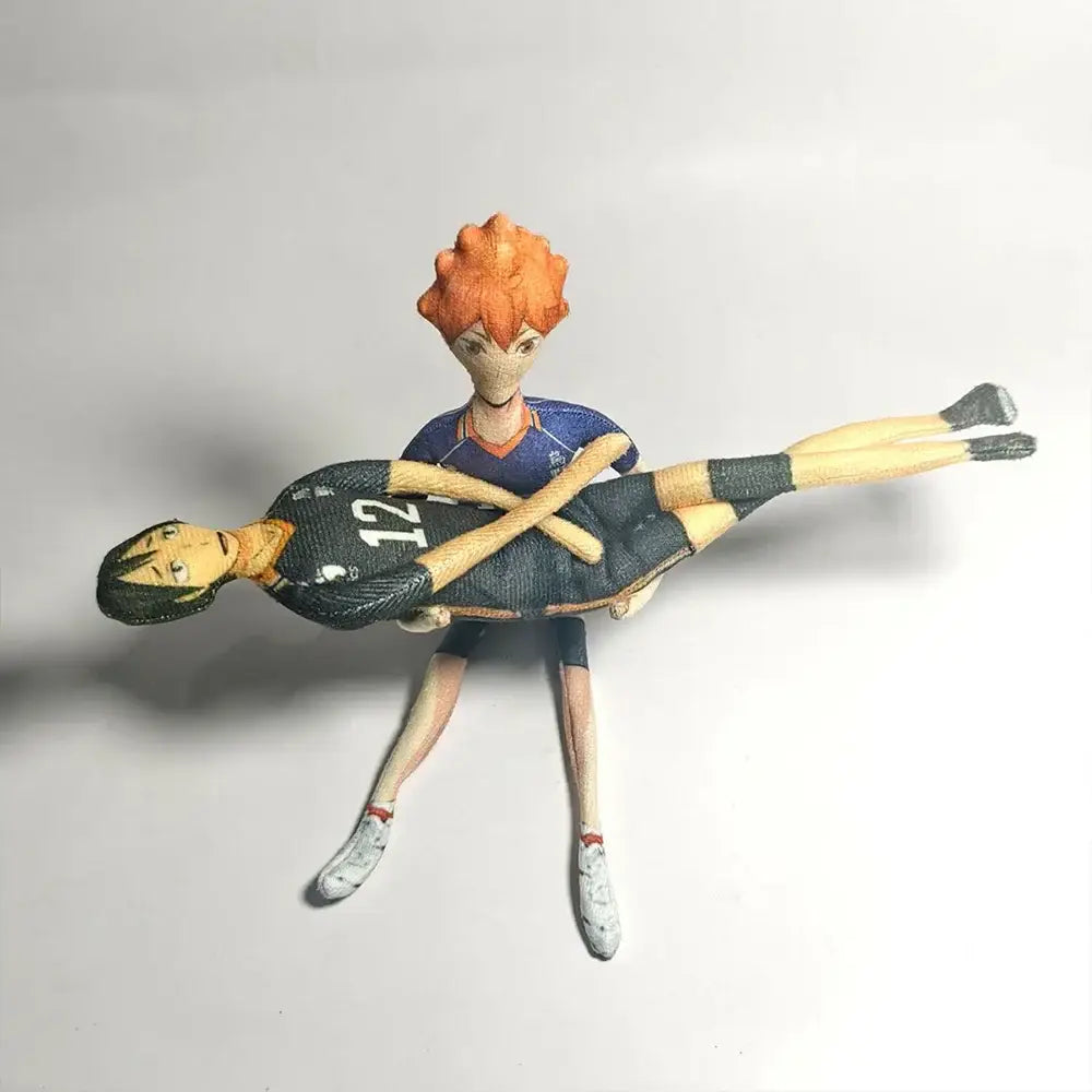Orange-haired anime volleyball player figurine in blue jersey holding number 12 figure for haikyuu tobio kageyama plush doll