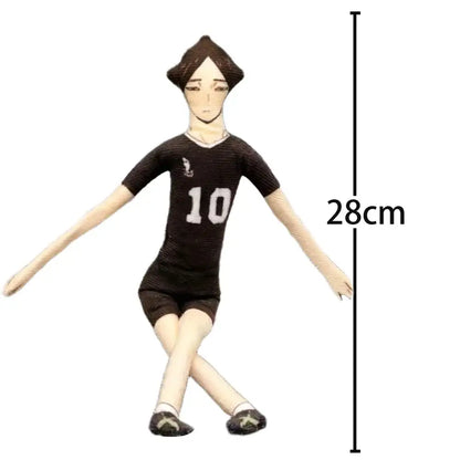 A 28cm tall soft plush toy of tobio kageyama in a black volleyball jersey with number 10 and stitched facial details