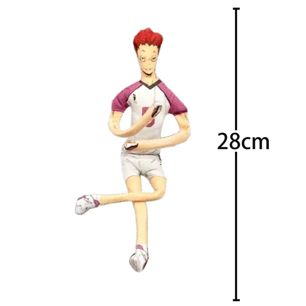 A 28cm tall red-haired tobio kageyama anime volleyball figurine in white and purple jersey number five with matching shorts