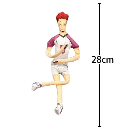 A 28cm tall red-haired tobio kageyama anime volleyball figurine in white and purple jersey number five with matching shorts