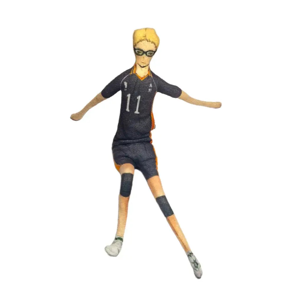 Haikyuu tobio kageyama plush doll featuring a blonde-haired volleyball player in black and orange uniform with glasses and knee pads