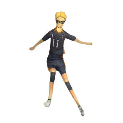 Haikyuu tobio kageyama plush doll featuring a blonde-haired volleyball player in black and orange uniform with glasses and knee pads