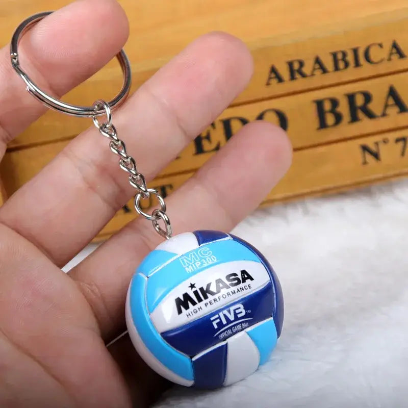 Blue and white mikasa volleyball pvc keychain with silver chain haikyuu sport ball design pvc keychain