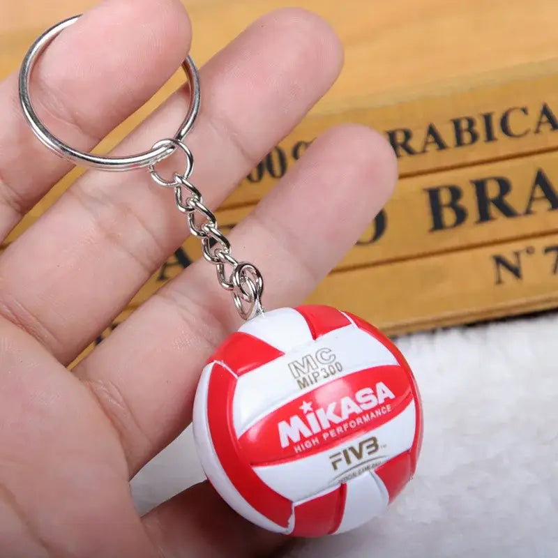 Red and white mikasa volleyball pvc keychain with silver metal chain and ring for haikyuu sport ball design