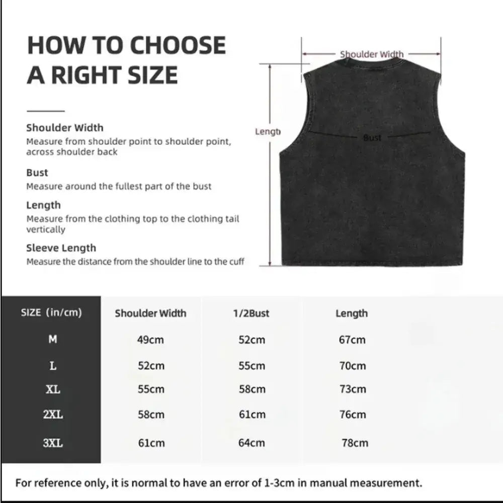 Black sleeveless tank top with vintage wash and size chart showing shoulder width bust length and sleeve length measurements