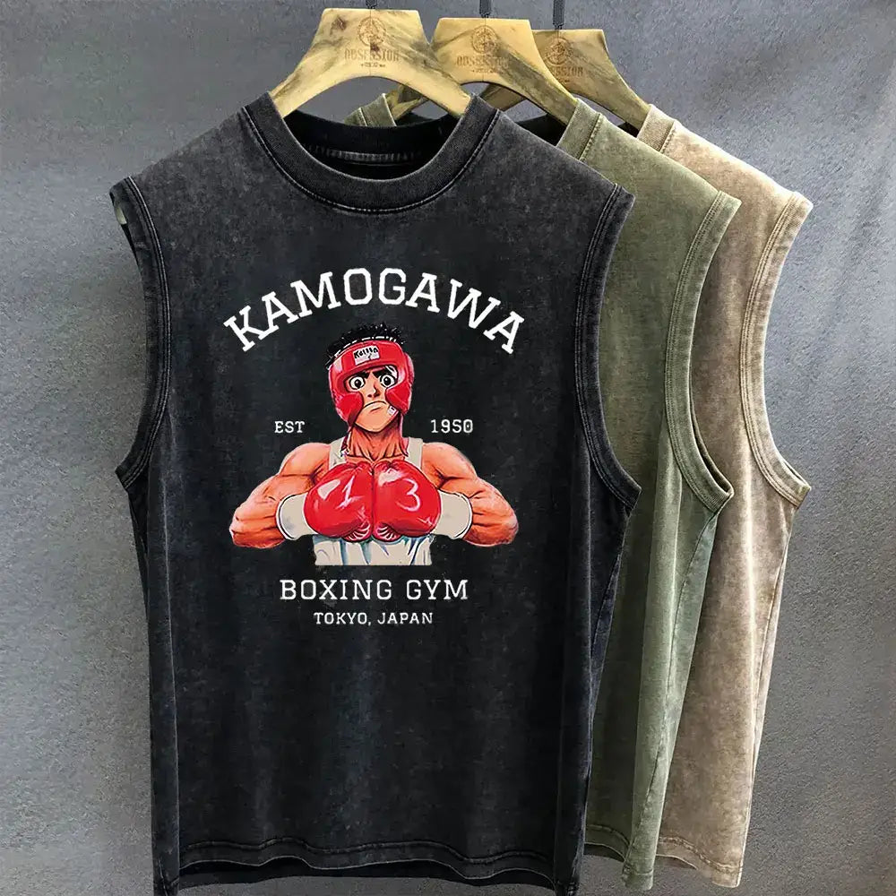 Black distressed sleeveless Hajime No Ippo tank top with vintage boxing gym graphic and vintage wash finish