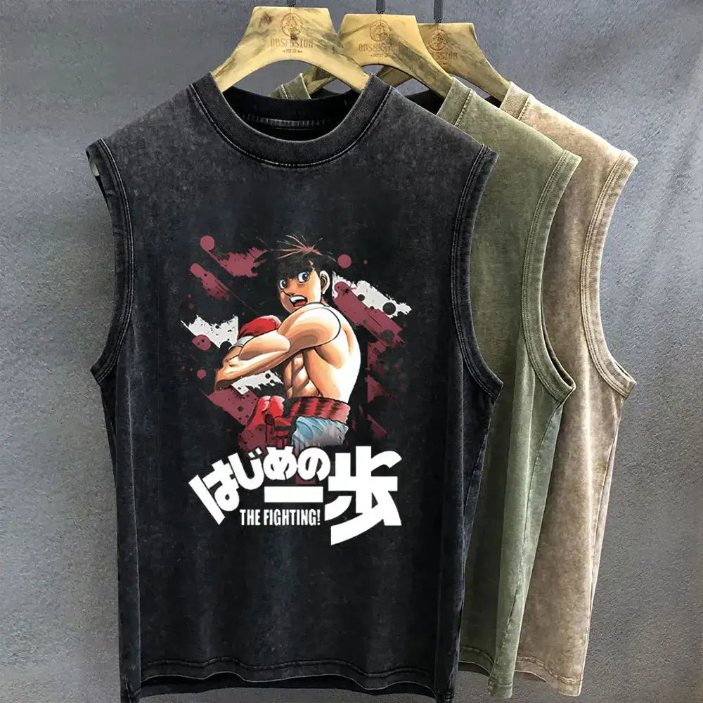 Black distressed sleeveless t shirt with vibrant anime boxer graphic and bold white japanese text in vintage wash