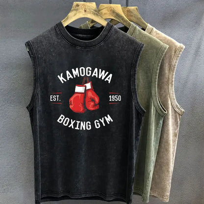 Black distressed sleeveless tank top with red boxing glove graphic and kamogawa boxing gym text in vintage wash
