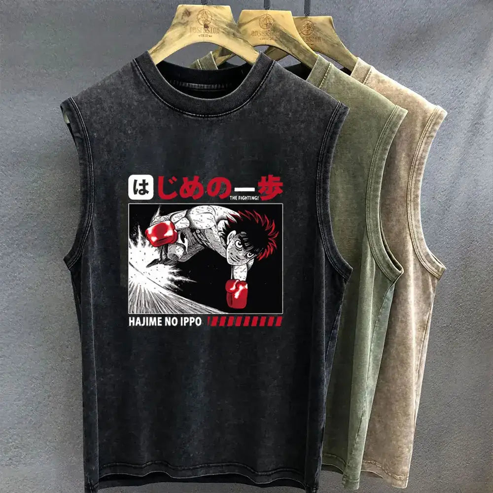 Black distressed sleeveless t-shirt with vintage wash featuring hajime no ippo in red boxing gloves and japanese text
