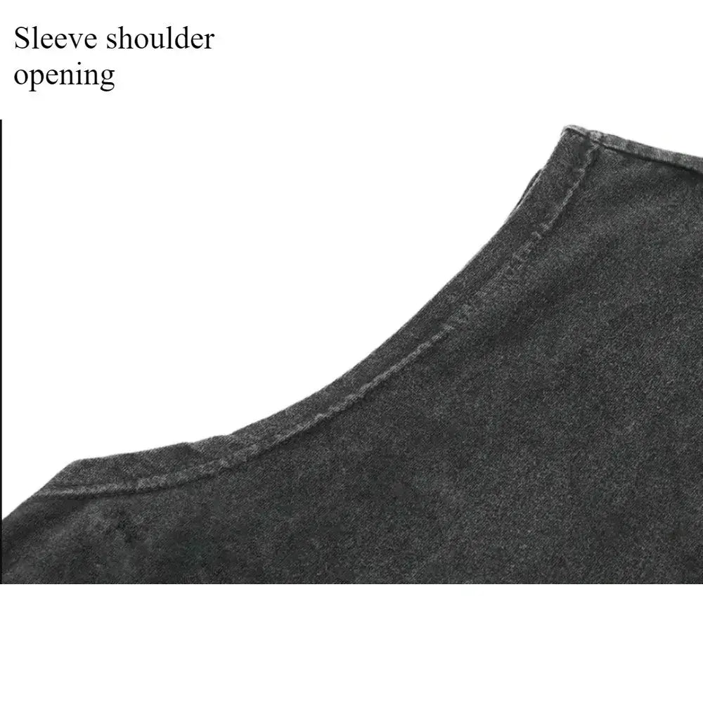 Dark gray denim sleeve shoulder opening with visible stitching on hajime no ippo ippo makunouchi tank top vintage wash