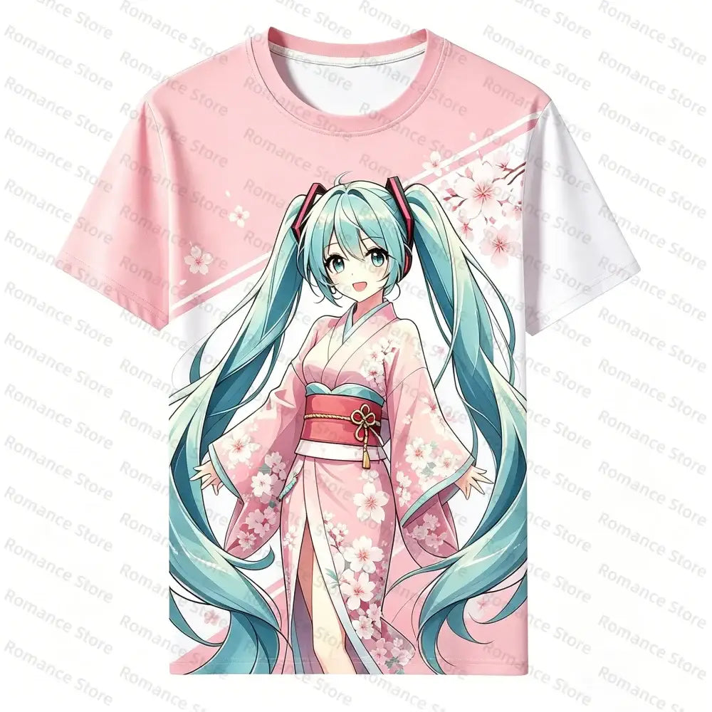 Pink and white short-sleeved t-shirt with hatsune miku floral kimono print perfect for casual wear streetwear set