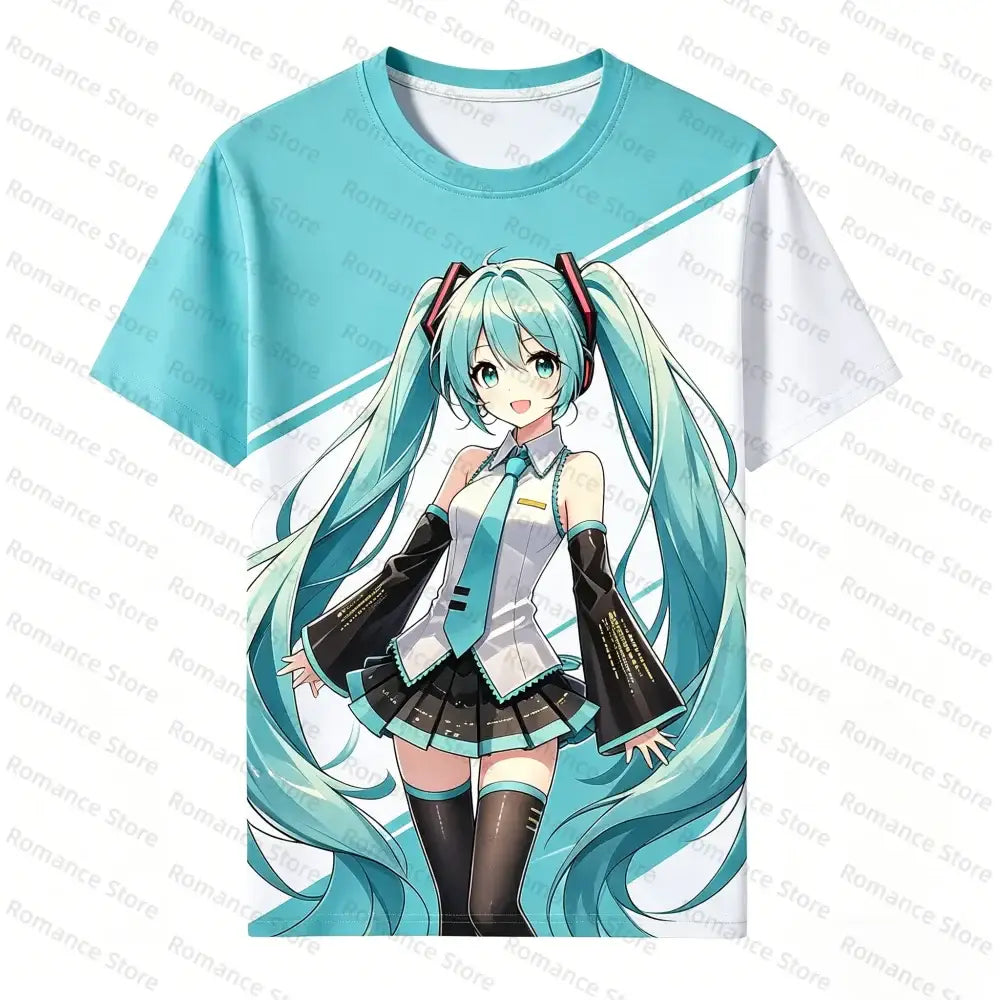 A light blue and white short-sleeved casual wear t-shirt with a 3d-printed hatsune miku graphic from sakura loose streetwear