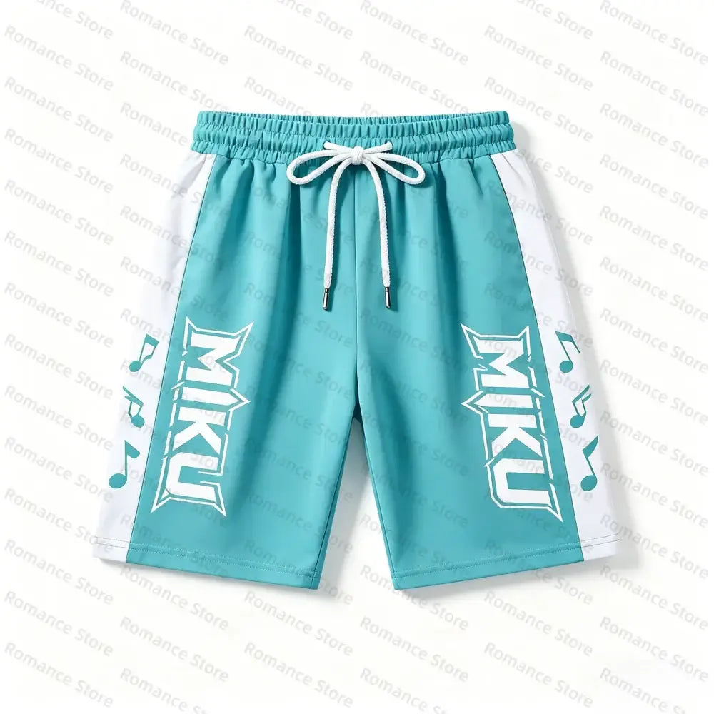 Teal and white athletic shorts with drawstring waistband and bold vertical lettering on sides for casual wear