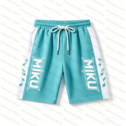 Teal and white athletic shorts with drawstring waistband and bold vertical lettering on sides for casual wear