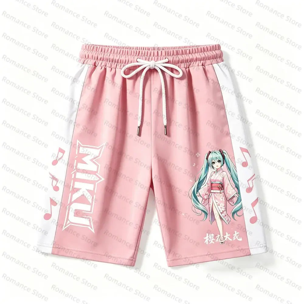Pink and white casual wear shorts featuring hatsune miku in a kimono with musical notes and bold side lettering