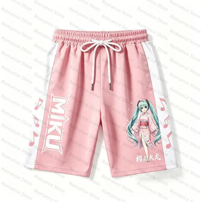 Pink and white casual wear shorts featuring hatsune miku in a kimono with musical notes and bold side lettering