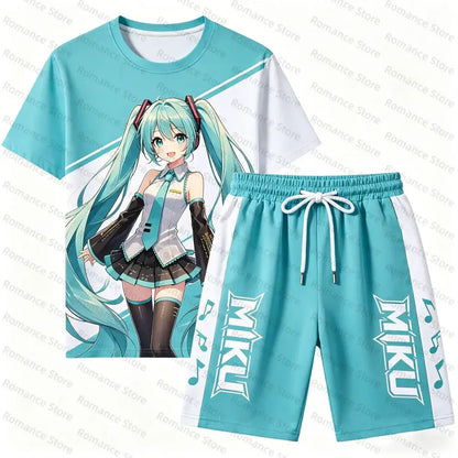 Teal and white anime-themed casual wear two-piece set with hatsune miku print t-shirt and miku lettering shorts