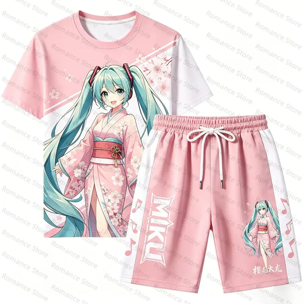 Pink short-sleeved t-shirt and matching shorts casual wear set featuring 3d printed teal-haired anime character in cherry blossom kimono
