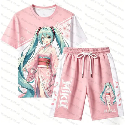 Pink short-sleeved t-shirt and matching shorts casual wear set featuring 3d printed teal-haired anime character in cherry blossom kimono