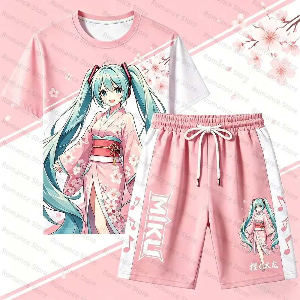 Pink short-sleeved t-shirt and shorts casual wear set with 3d hatsune miku sakura kimono design