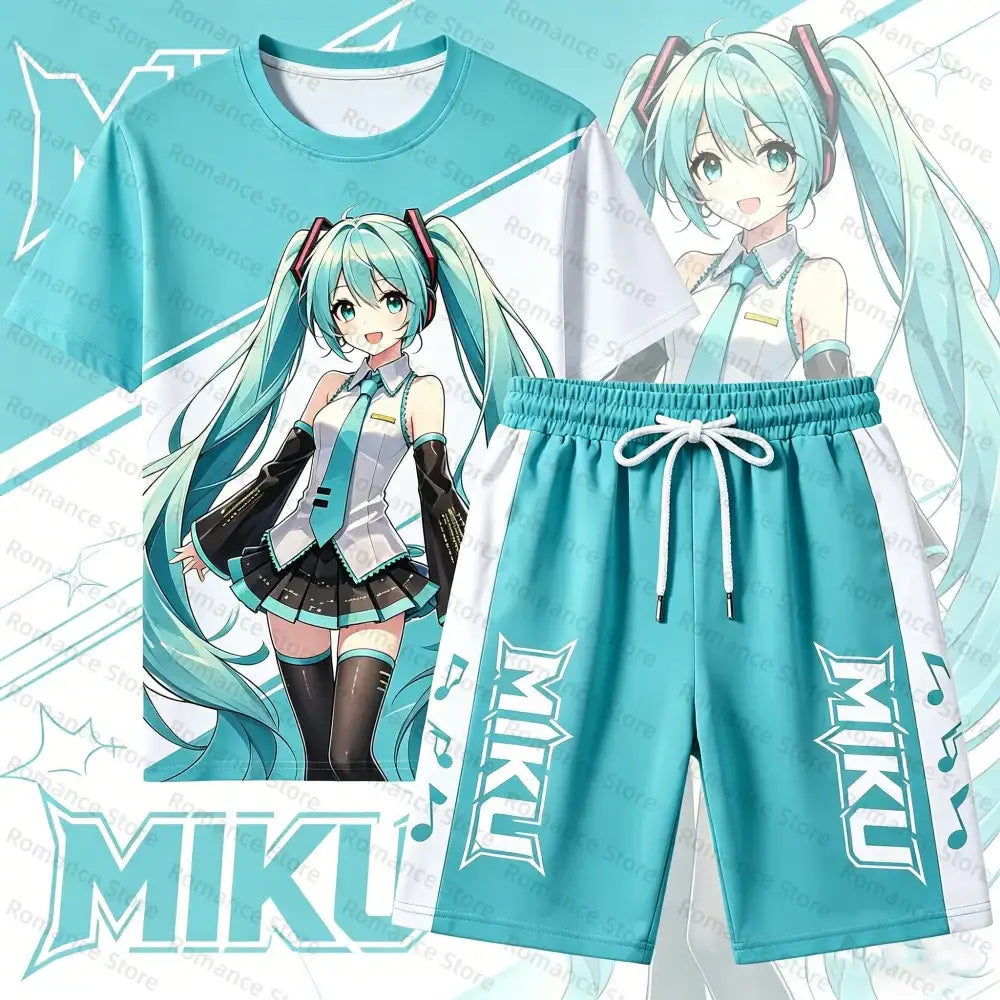 Turquoise and white hatsune miku two-piece casual wear set with short-sleeved t-shirt and branded shorts