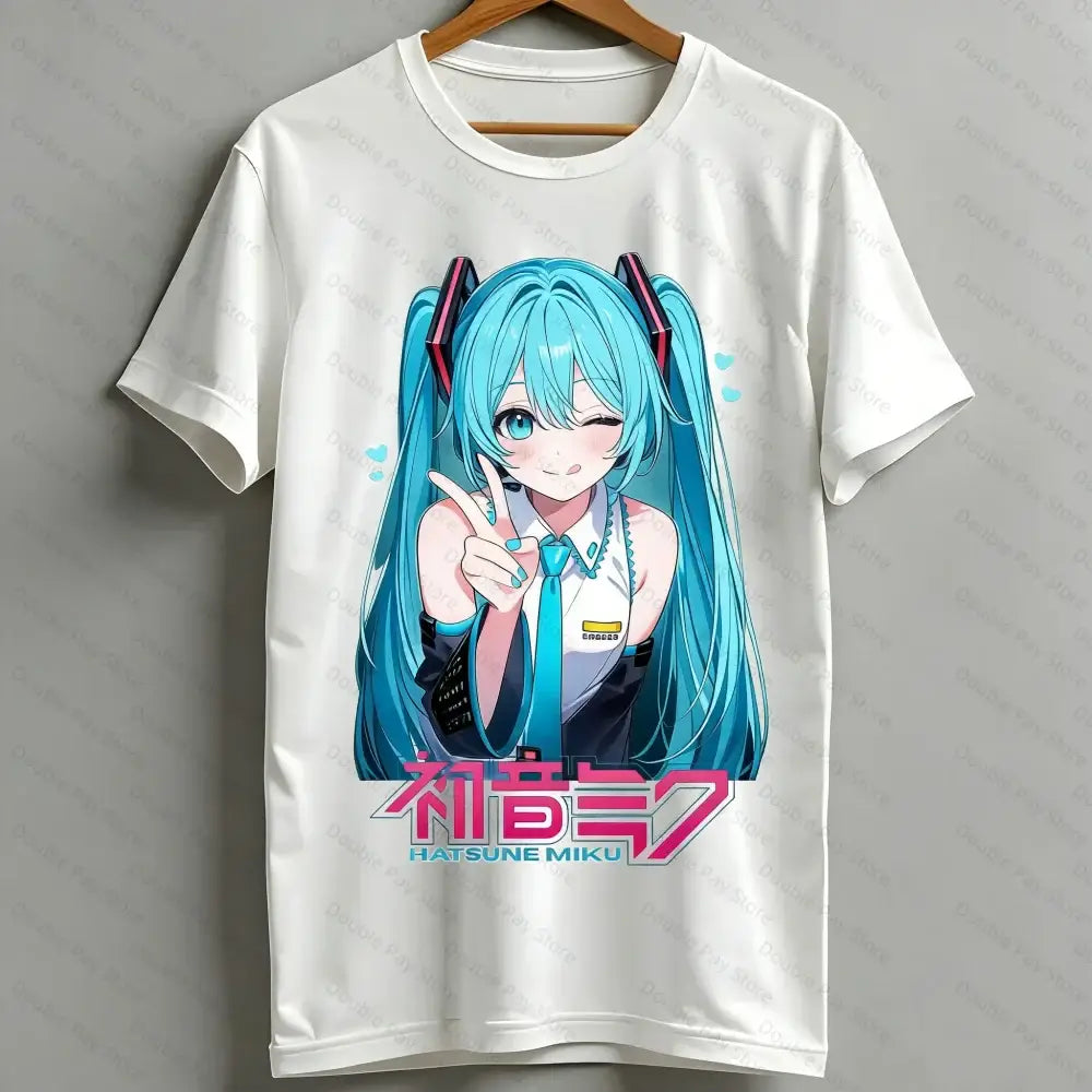 White cotton hatsune miku anime graphic tee featuring vibrant turquoise hair and pink text on front for kawaii style