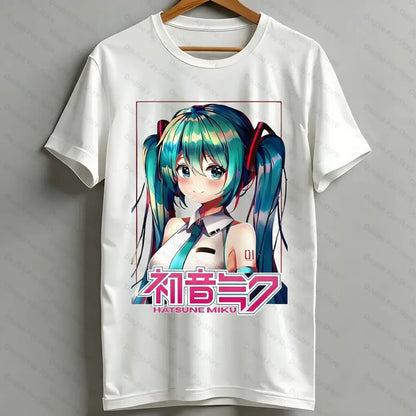 White cotton hatsune miku anime graphic tee featuring vibrant teal pigtails and bold pink japanese text
