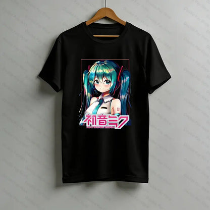 Black short-sleeved cotton anime graphic tee featuring hatsune miku with teal hair and pink text below her image