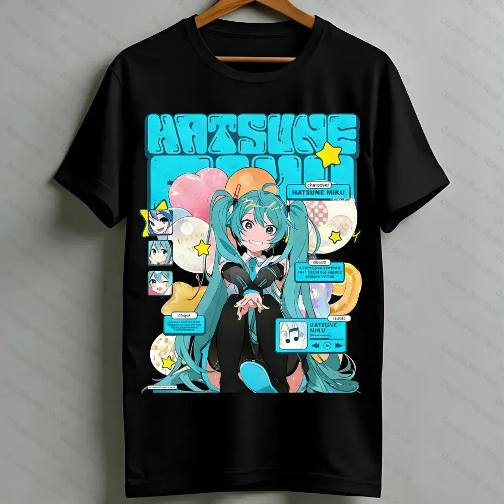 Black cotton hatsune miku anime graphic tee with teal hair and balloons in bright blue vibrant design