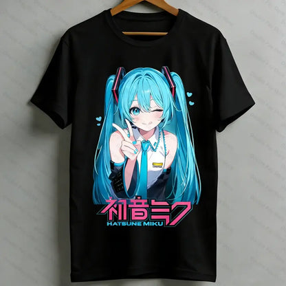 Black cotton hatsune miku anime graphic tee featuring vibrant turquoise pigtails and pink text in kawaii style