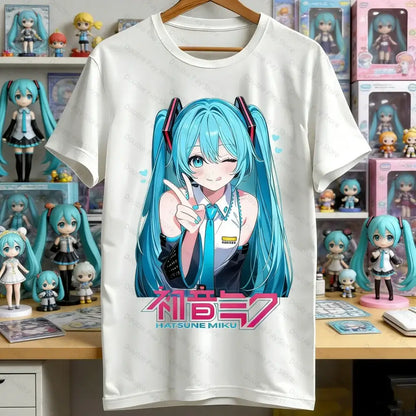 White cotton t-shirt featuring hatsune miku anime graphic with turquoise hair and pink text anime graphic tee
