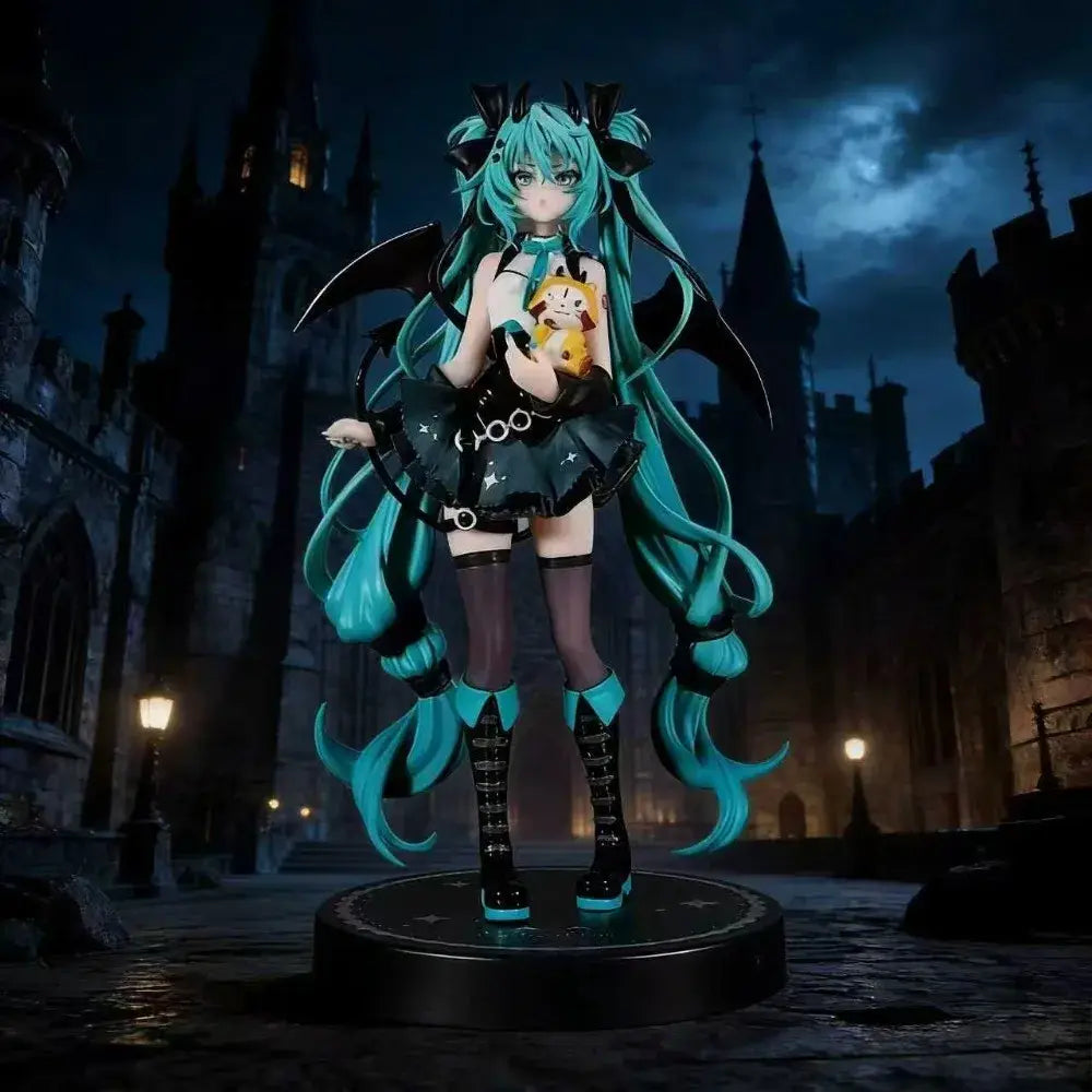 A detailed 19cm pvc hatsune miku devil raccoon figure in black and teal gothic outfit with bat wings holding a plush toy