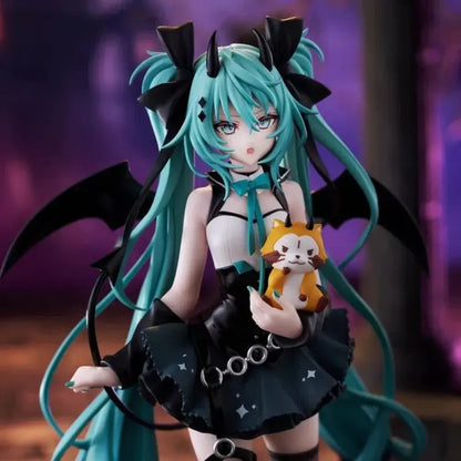 A detailed 19cm pvc hatsune miku devil raccoon figure with teal hair black horns wings and star patterned outfit