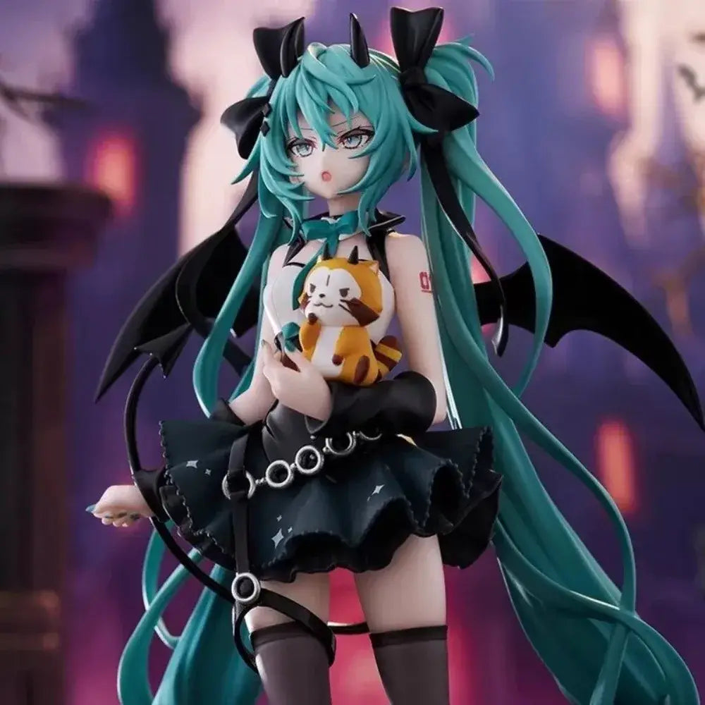 Hatsune miku devil raccoon figure with teal hair black horns wings and black outfit with silver rings in pvc material