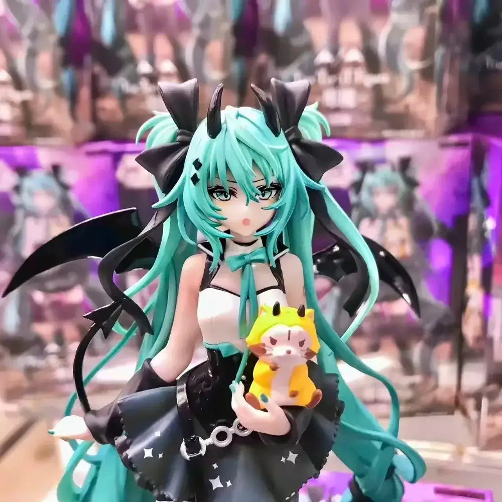 Teal-haired hatsune miku devil raccoon figure with black horns wings star-patterned skirt holding yellow plush toy in pvc