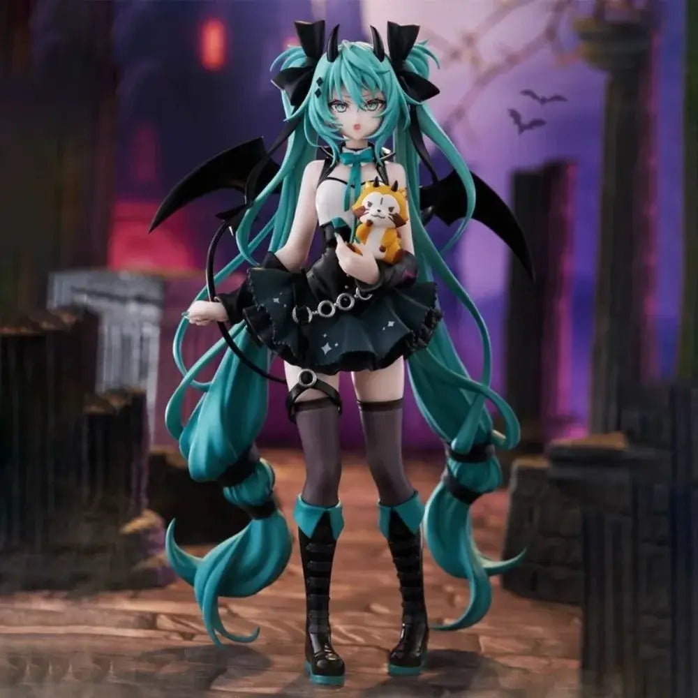 Hatsune miku devil raccoon figure with teal hair black wings gothic outfit holding plush toy 19cm pvc collectible