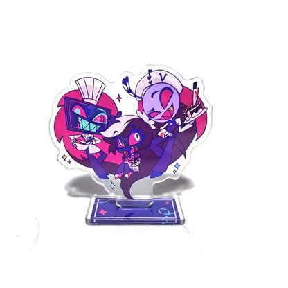 Hazbin hotel alastor purple and pink cartoon acrylic stand with three figures and heart-shaped cutout design