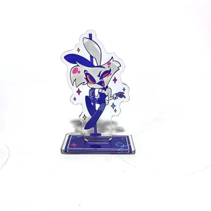 Hazbin hotel alastor acrylic stand featuring a translucent cartoon figure with white fur blue and purple accents