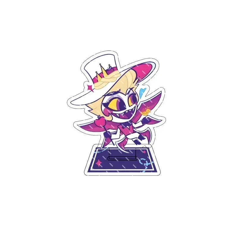 A vibrant hazbin hotel alastor acrylic stand featuring a chibi character with blonde hair and purple wings