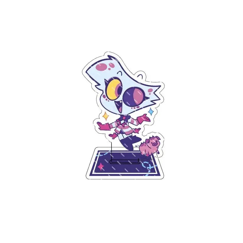 Translucent hazbin hotel alastor acrylic stand featuring a cartoon figure with large colorful eyes and pink accents