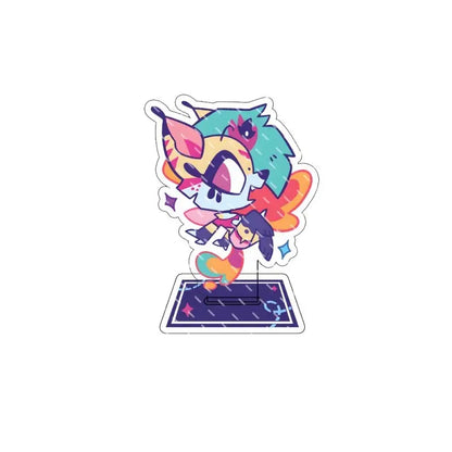 Hazbin hotel alastor acrylic stand featuring a colorful cartoon figure with teal hair and rainbow accents