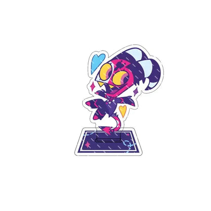Hazbin hotel alastor acrylic stand featuring a vibrant chibi character with pink and purple hues on an acrylic base