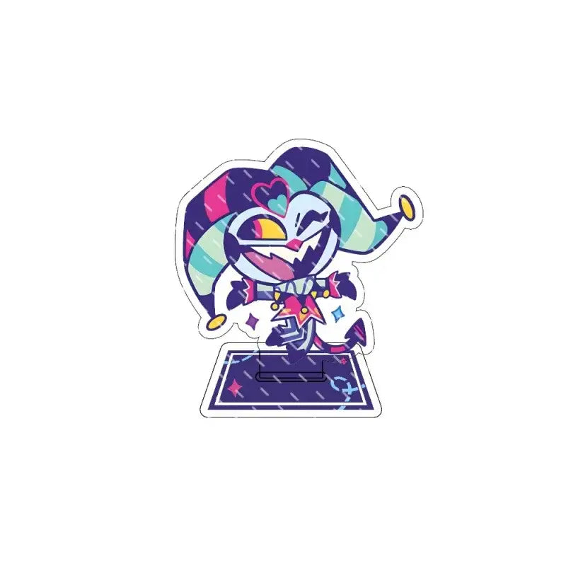 Hazbin hotel alastor acrylic stand featuring a colorful cartoonish jester character figurine with a striped hat and vibrant outfit
