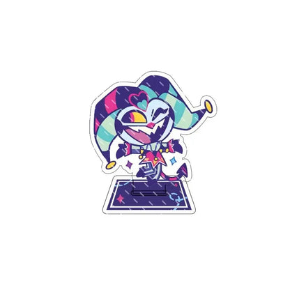 Hazbin hotel alastor acrylic stand featuring a colorful cartoonish jester character figurine with a striped hat and vibrant outfit