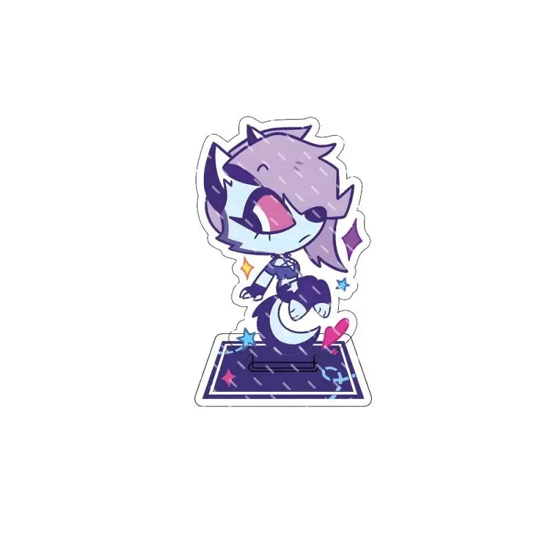 Hazbin hotel alastor acrylic stand featuring a purple and blue chibi figure with spiky hair and starry accents