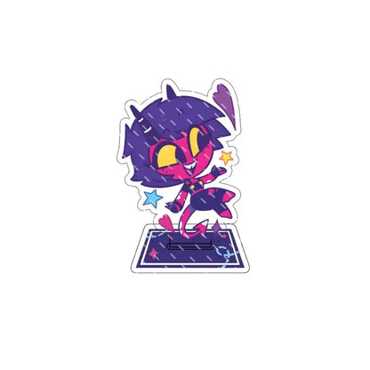 Purple and pink hazbin hotel alastor acrylic stand with yellow eyes on a matching base cartoon figure